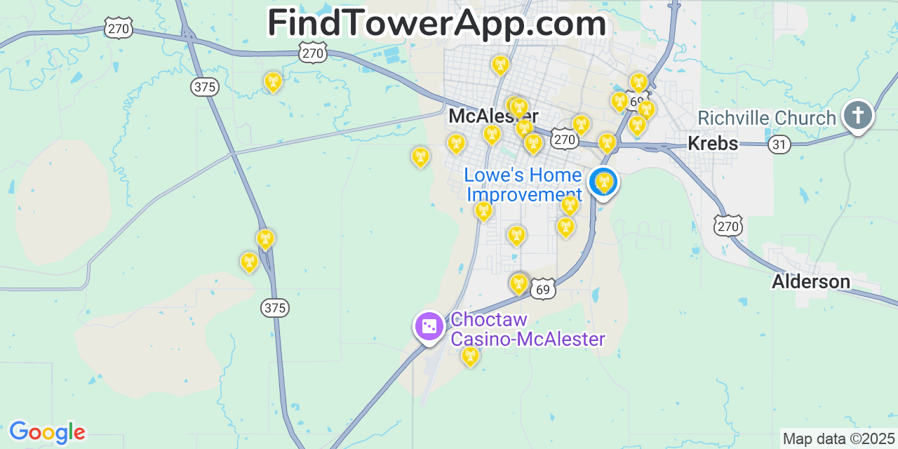 Map showing the 26 primary T-Mobile cell tower locations detected in Mcalester, Oklahoma with coverage radius and signal strength indicators