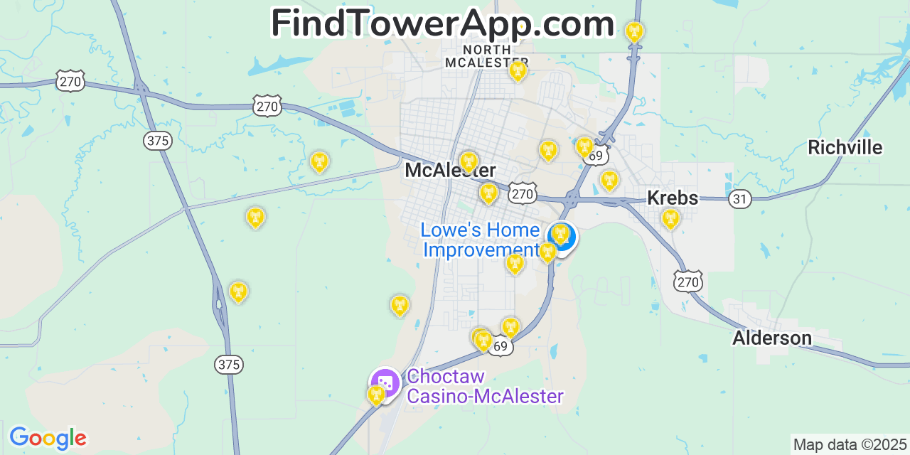Map showing the 22 primary Verizon cell tower locations detected in Mcalester, Oklahoma with coverage radius and signal strength indicators