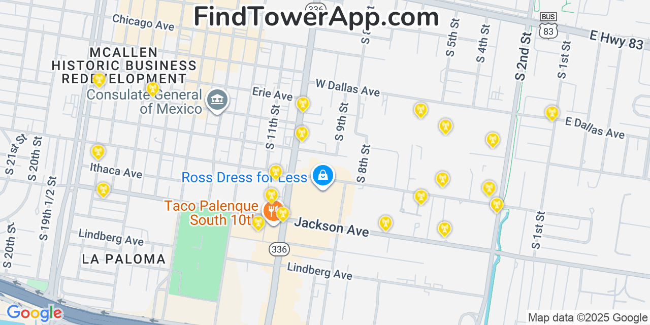 Map showing the 20 primary AT&T cell tower locations detected in Mcallen, Texas with coverage radius and signal strength indicators