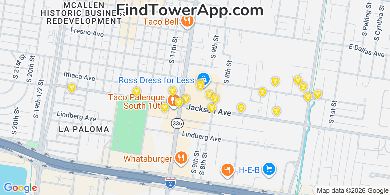 Map showing the 20 primary cell tower locations detected in Mcallen, Texas from AT&T, Verizon, and T-Mobile networks