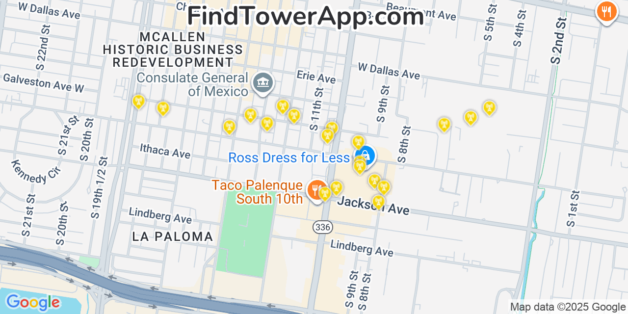 Map showing the 20 primary T-Mobile cell tower locations detected in Mcallen, Texas with coverage radius and signal strength indicators