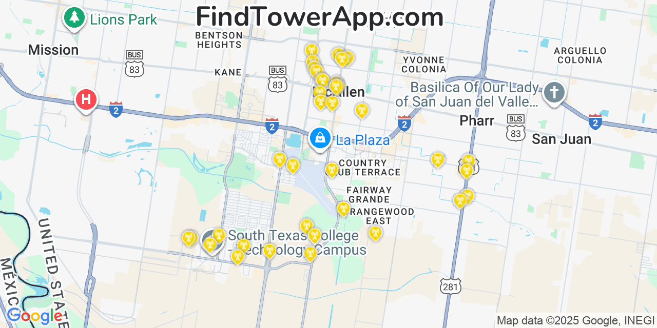 Map showing the 37 primary Verizon cell tower locations detected in Mcallen, Texas with coverage radius and signal strength indicators