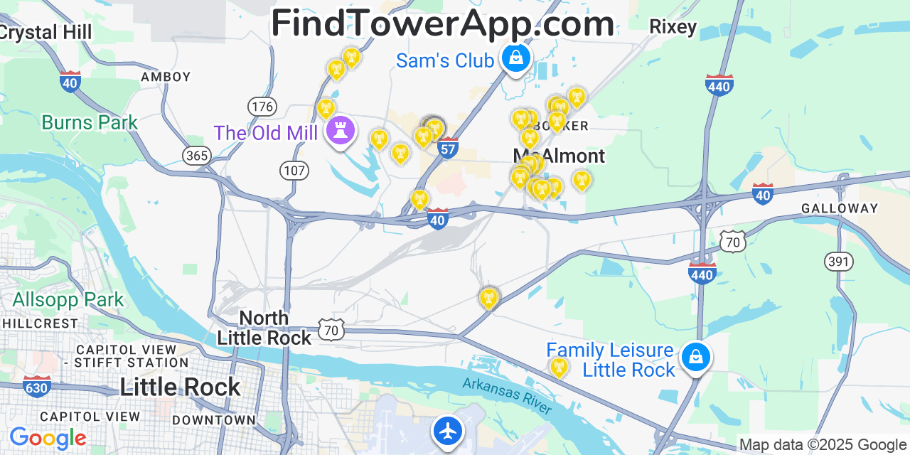 Map showing the 35 primary AT&T cell tower locations detected in Mcalmont, Arkansas with coverage radius and signal strength indicators