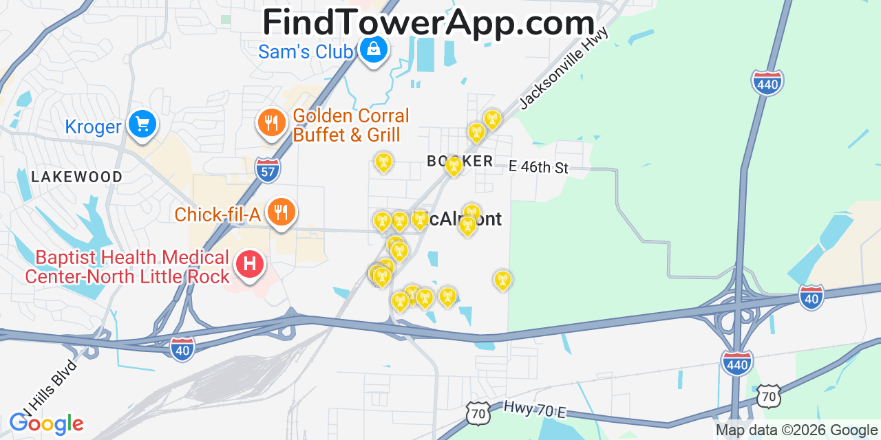 Map showing the 20 primary cell tower locations detected in Mcalmont, Arkansas from AT&T, Verizon, and T-Mobile networks