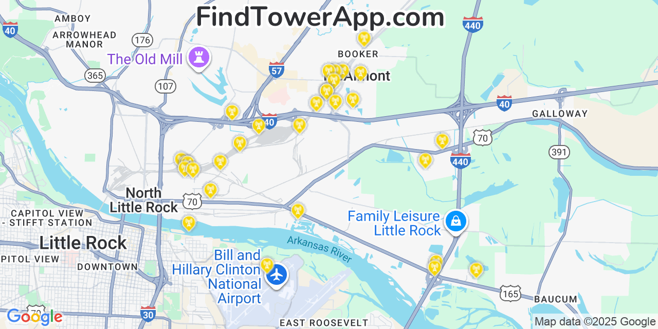 Map showing the 30 primary T-Mobile cell tower locations detected in Mcalmont, Arkansas with coverage radius and signal strength indicators