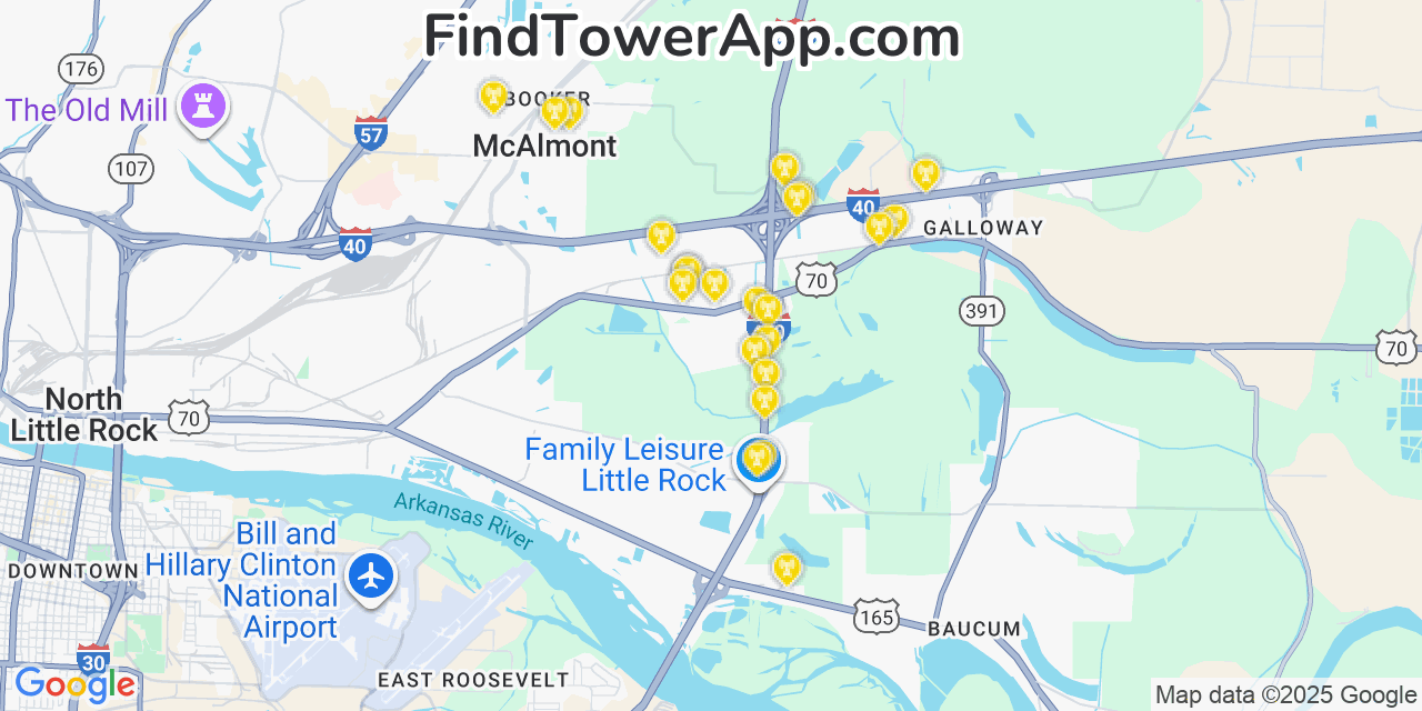 Map showing the 23 primary Verizon cell tower locations detected in Mcalmont, Arkansas with coverage radius and signal strength indicators