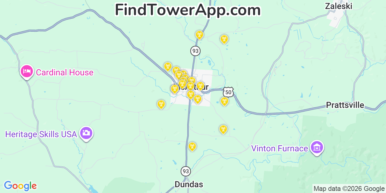 Map showing the 20 primary cell tower locations detected in Mcarthur, Ohio from AT&T, Verizon, and T-Mobile networks