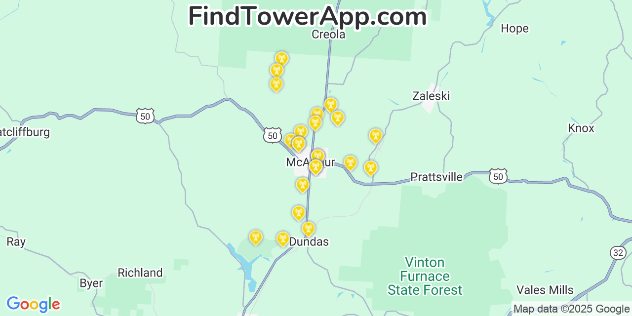 Map showing the 23 primary T-Mobile cell tower locations detected in Mcarthur, Ohio with coverage radius and signal strength indicators