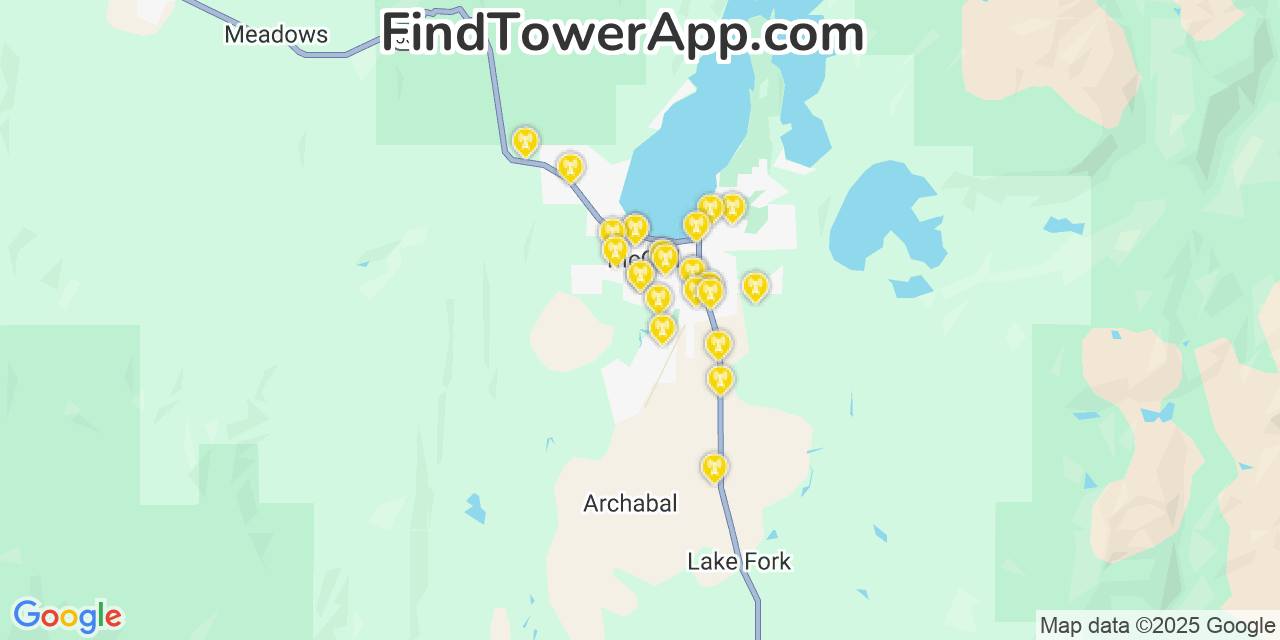 Map showing the 25 primary AT&T cell tower locations detected in Mccall, Idaho with coverage radius and signal strength indicators