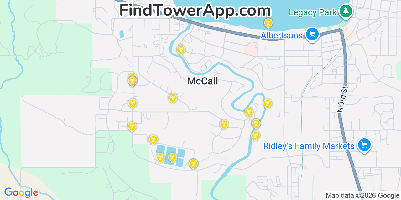 Map showing the 20 primary cell tower locations detected in Mccall, Idaho from AT&T, Verizon, and T-Mobile networks