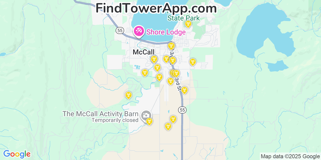Map showing the 21 primary Verizon cell tower locations detected in Mccall, Idaho with coverage radius and signal strength indicators
