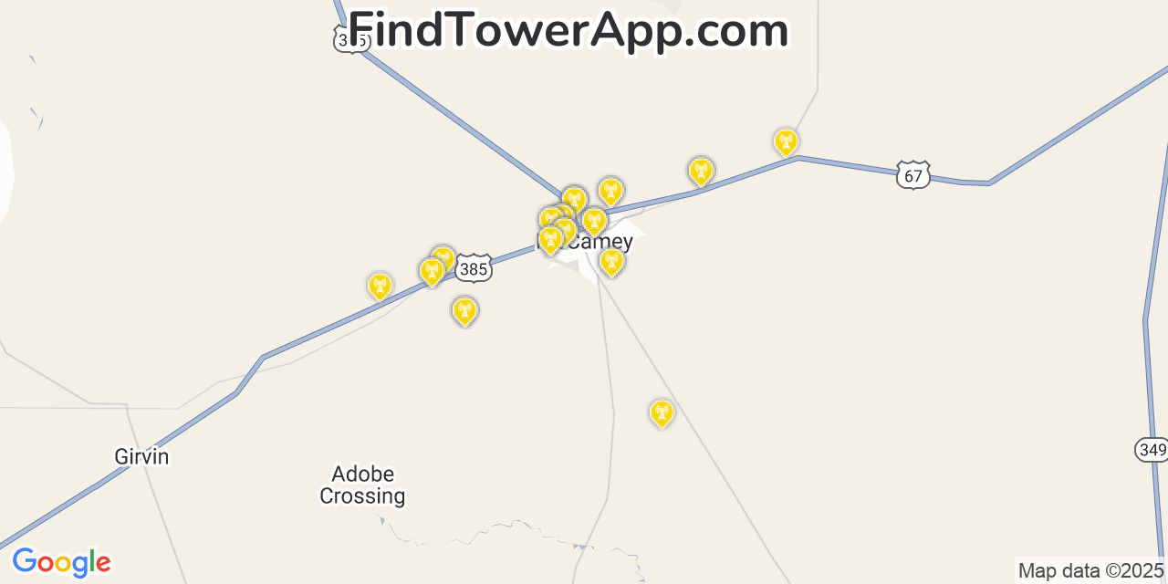 Map showing the 31 primary AT&T cell tower locations detected in Mccamey, Texas with coverage radius and signal strength indicators