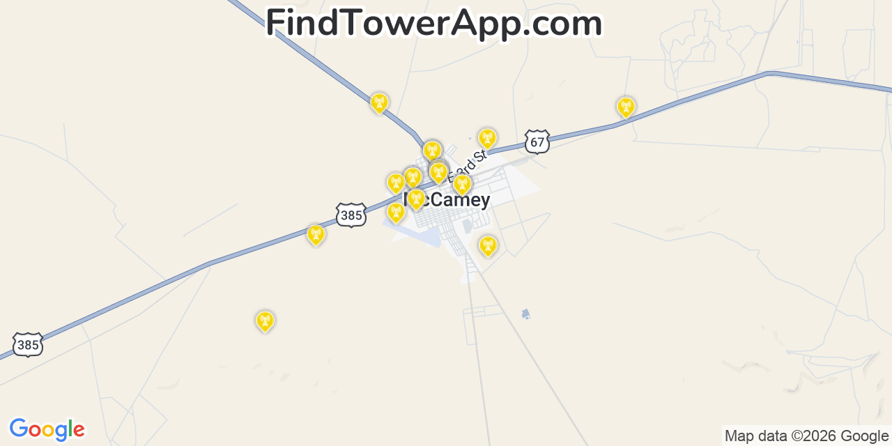 Map showing the 20 primary cell tower locations detected in Mccamey, Texas from AT&T, Verizon, and T-Mobile networks