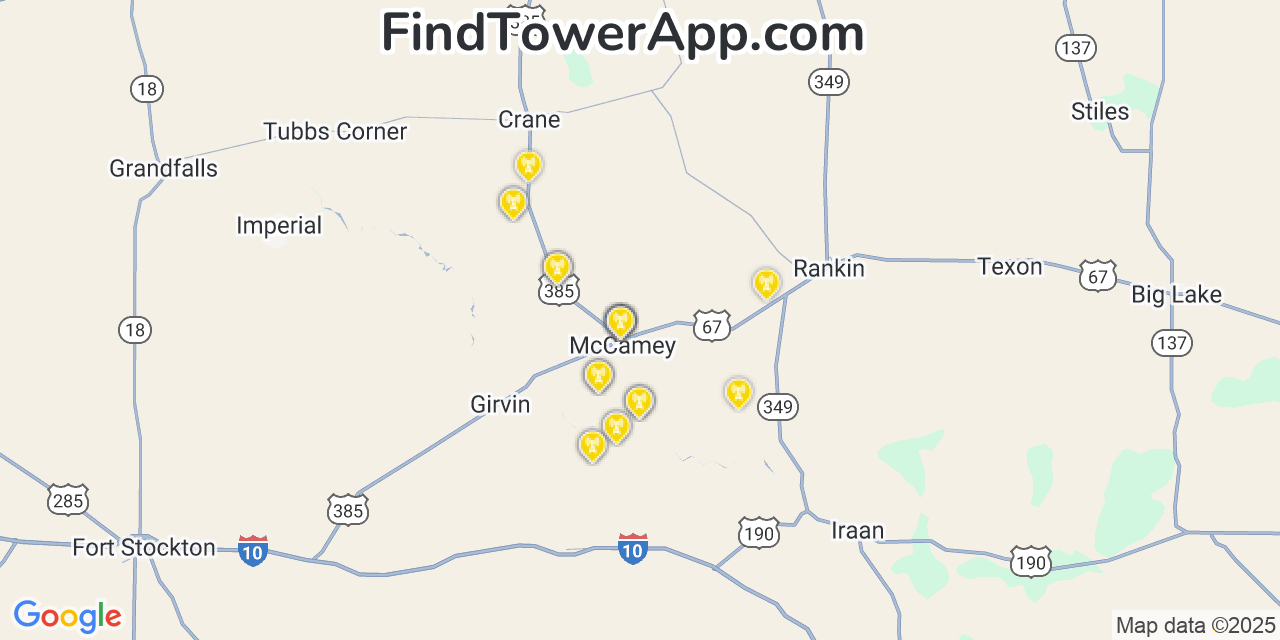 Map showing the 28 primary T-Mobile cell tower locations detected in Mccamey, Texas with coverage radius and signal strength indicators