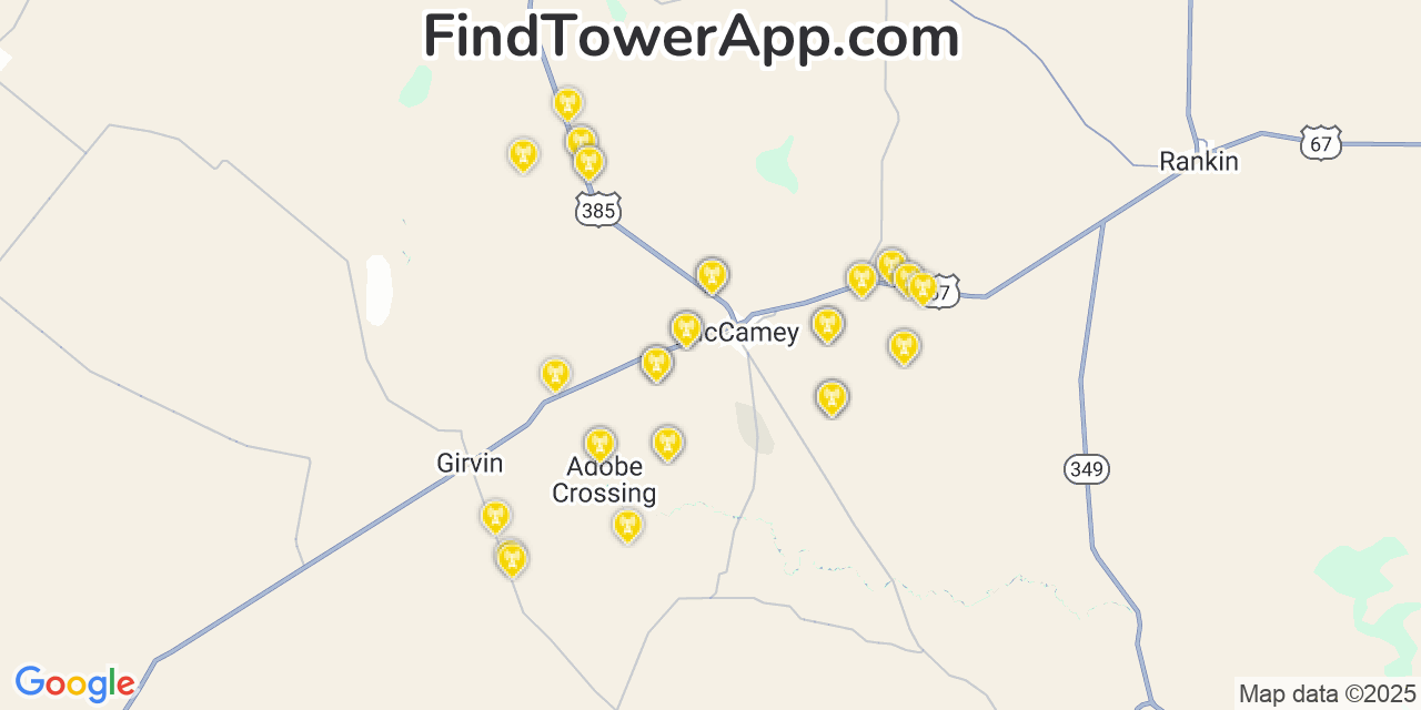 Map showing the 39 primary Verizon cell tower locations detected in Mccamey, Texas with coverage radius and signal strength indicators