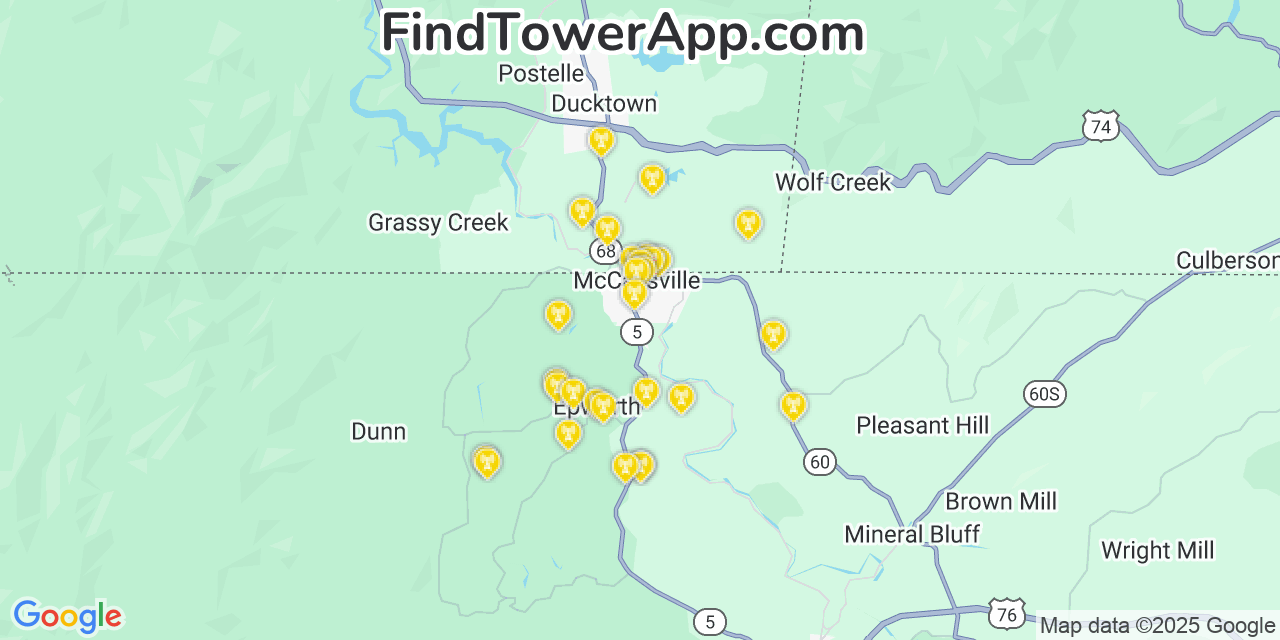 Map showing the 29 primary AT&T cell tower locations detected in Mccaysville, Georgia with coverage radius and signal strength indicators