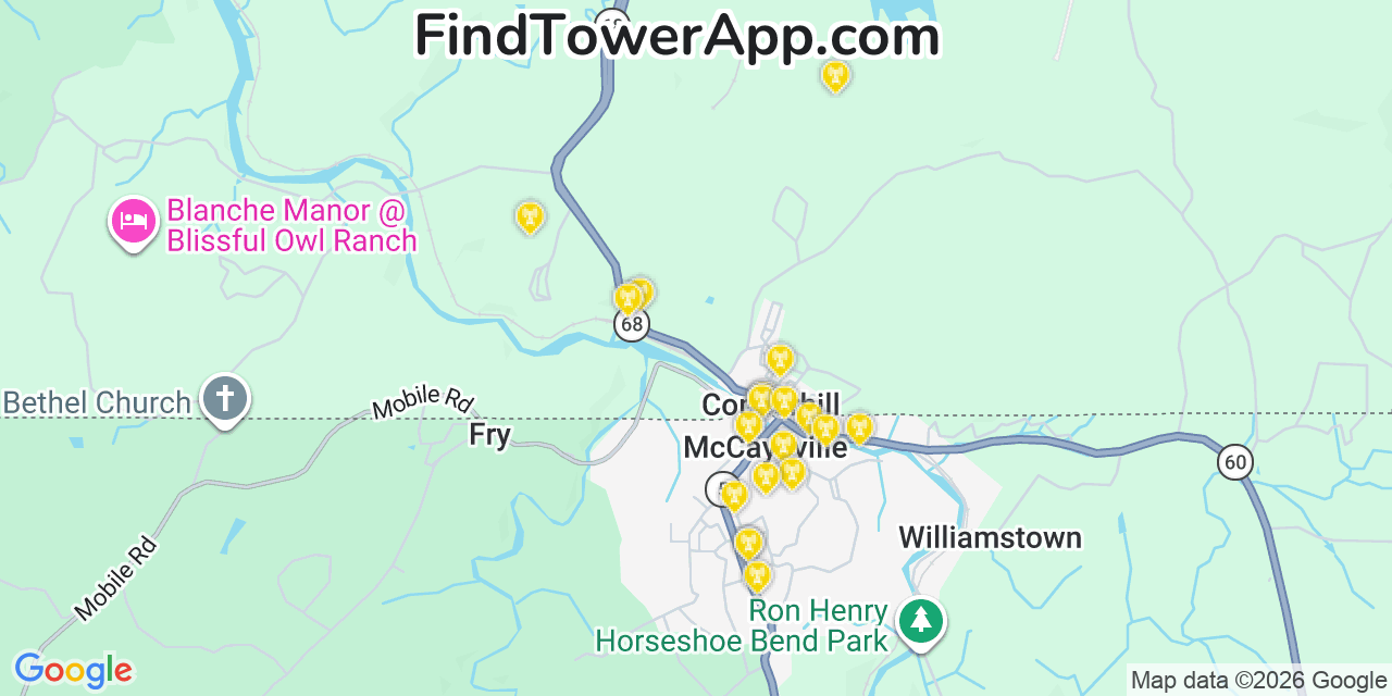 Map showing the 20 primary cell tower locations detected in Mccaysville, Georgia from AT&T, Verizon, and T-Mobile networks