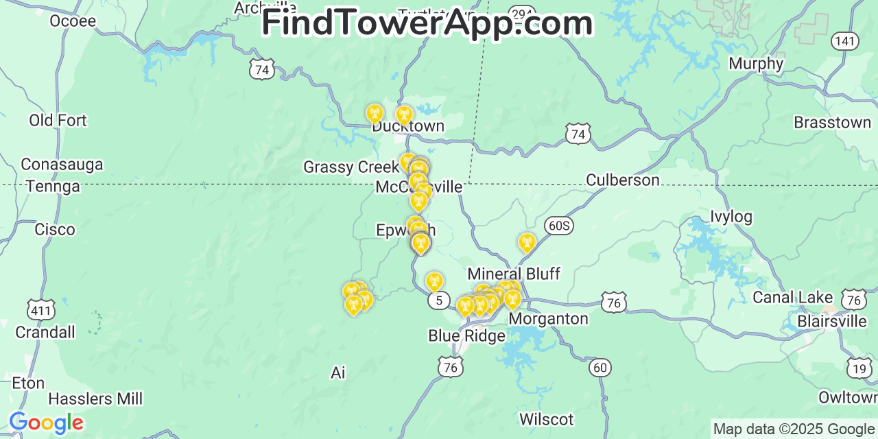 Map showing the 37 primary T-Mobile cell tower locations detected in Mccaysville, Georgia with coverage radius and signal strength indicators