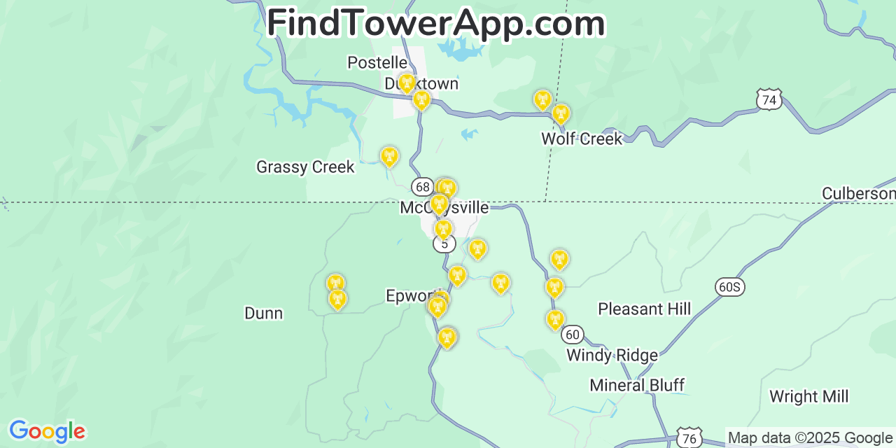 Map showing the 23 primary Verizon cell tower locations detected in Mccaysville, Georgia with coverage radius and signal strength indicators