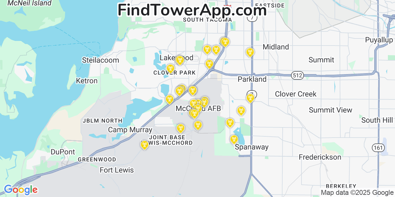 Map showing the 29 primary AT&T cell tower locations detected in Mcchord Air Force Base, Washington with coverage radius and signal strength indicators