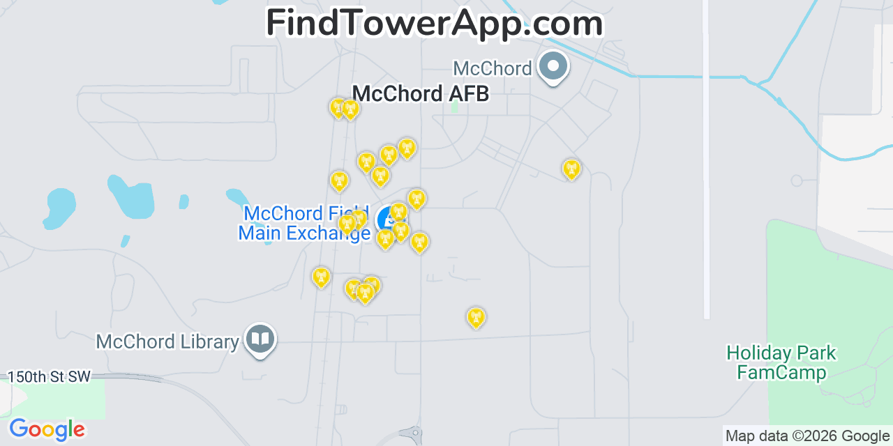 Map showing the 20 primary cell tower locations detected in Mcchord Air Force Base, Washington from AT&T, Verizon, and T-Mobile networks
