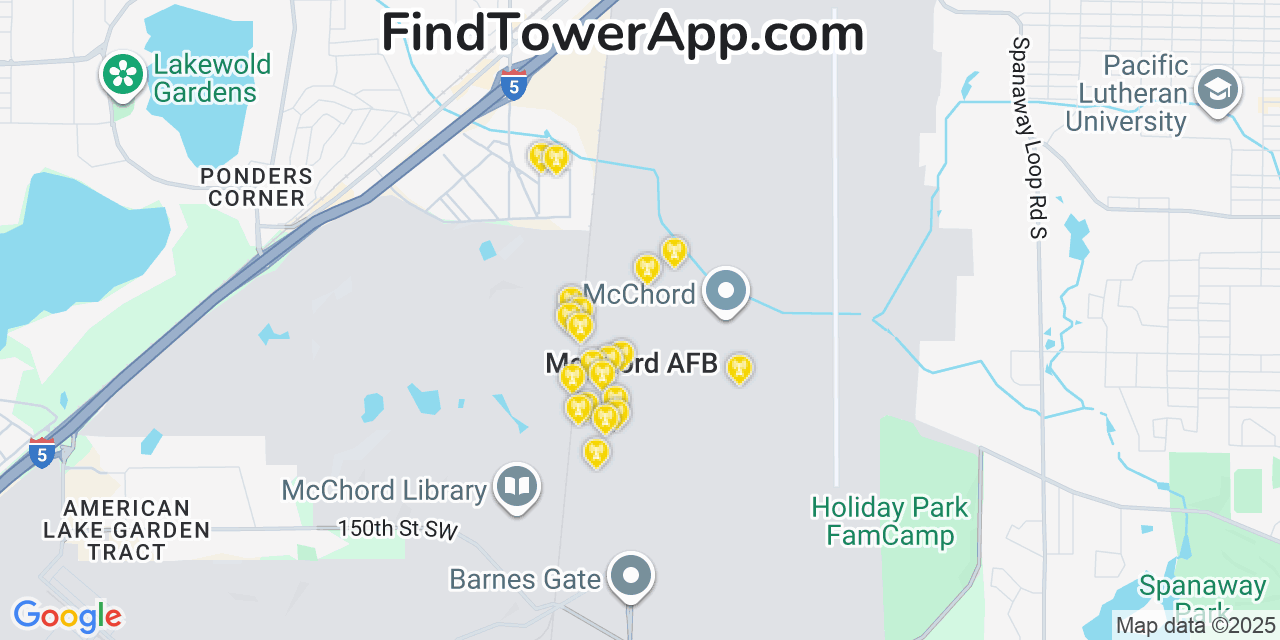 Map showing the 20 primary T-Mobile cell tower locations detected in Mcchord Air Force Base, Washington with coverage radius and signal strength indicators