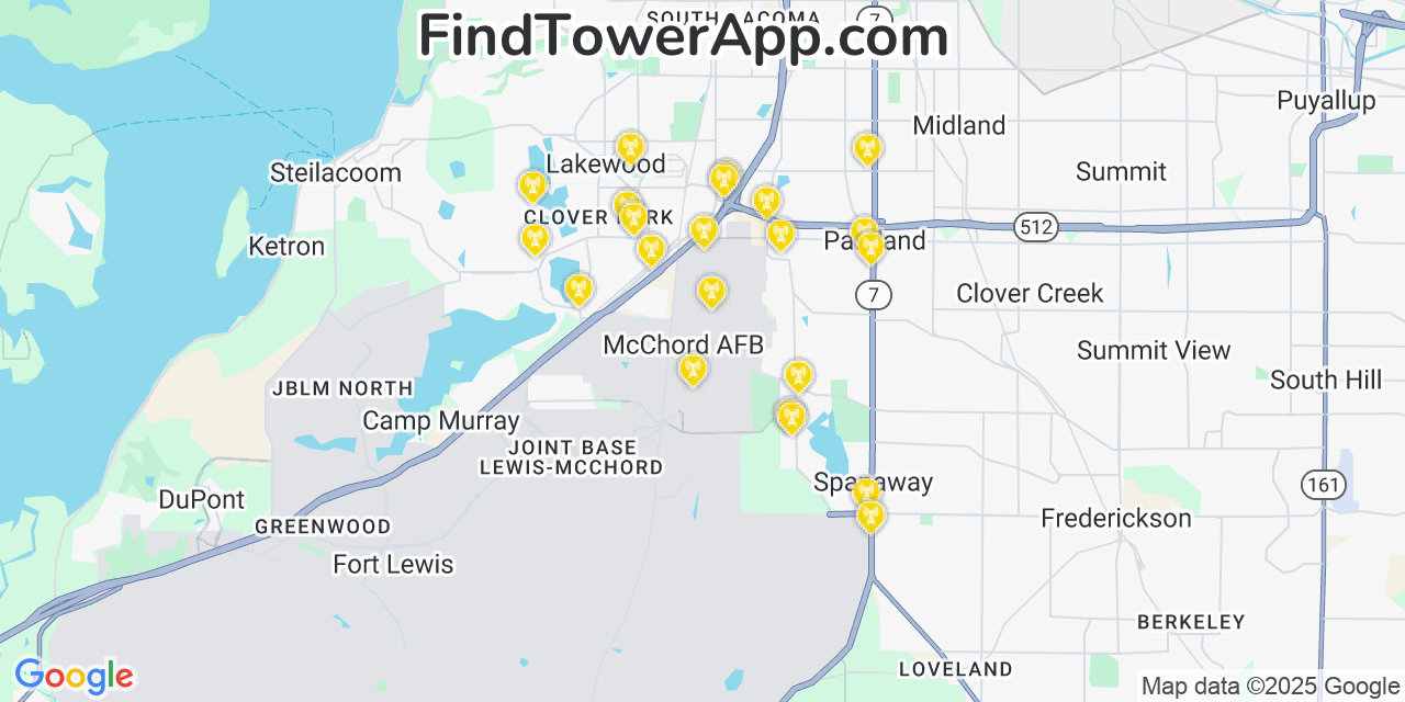 Map showing the 22 primary Verizon cell tower locations detected in Mcchord Air Force Base, Washington with coverage radius and signal strength indicators
