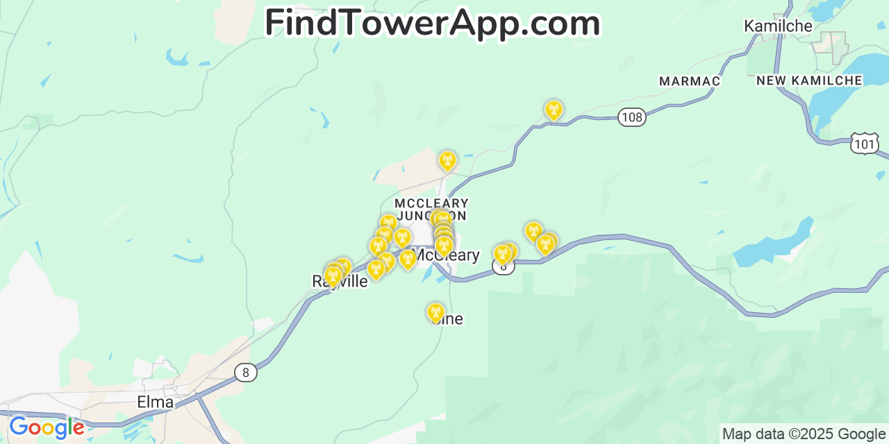 Map showing the 27 primary AT&T cell tower locations detected in Mccleary, Washington with coverage radius and signal strength indicators
