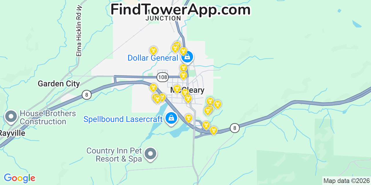 Map showing the 20 primary cell tower locations detected in Mccleary, Washington from AT&T, Verizon, and T-Mobile networks