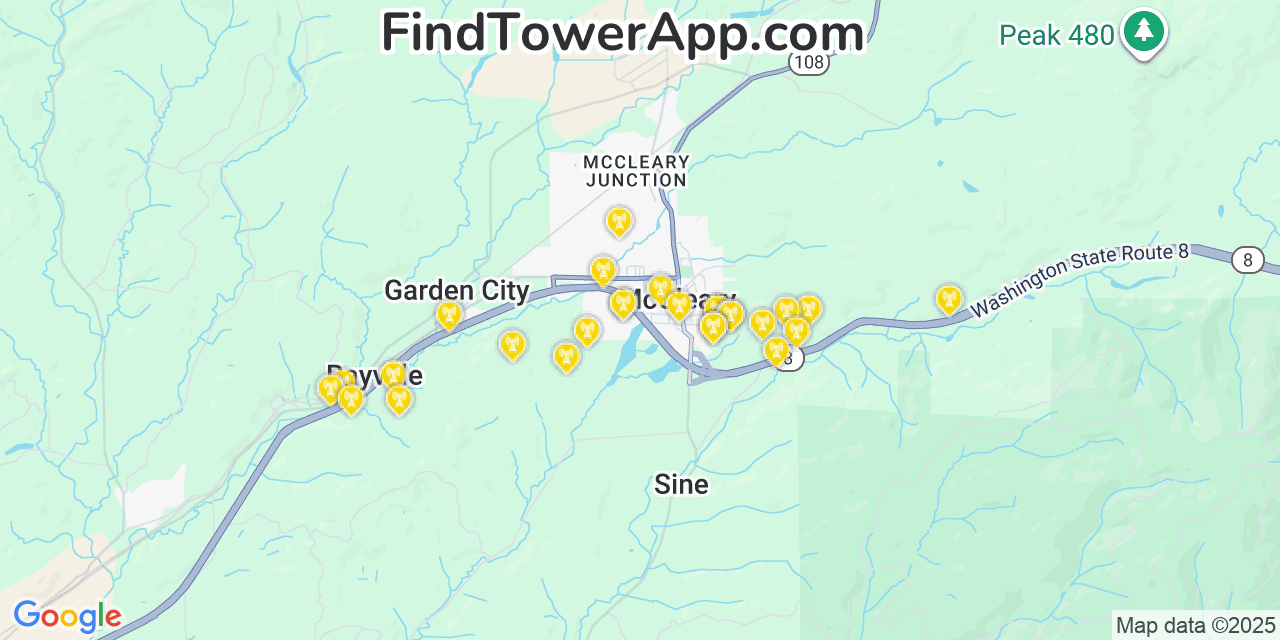 Map showing the 27 primary T-Mobile cell tower locations detected in Mccleary, Washington with coverage radius and signal strength indicators