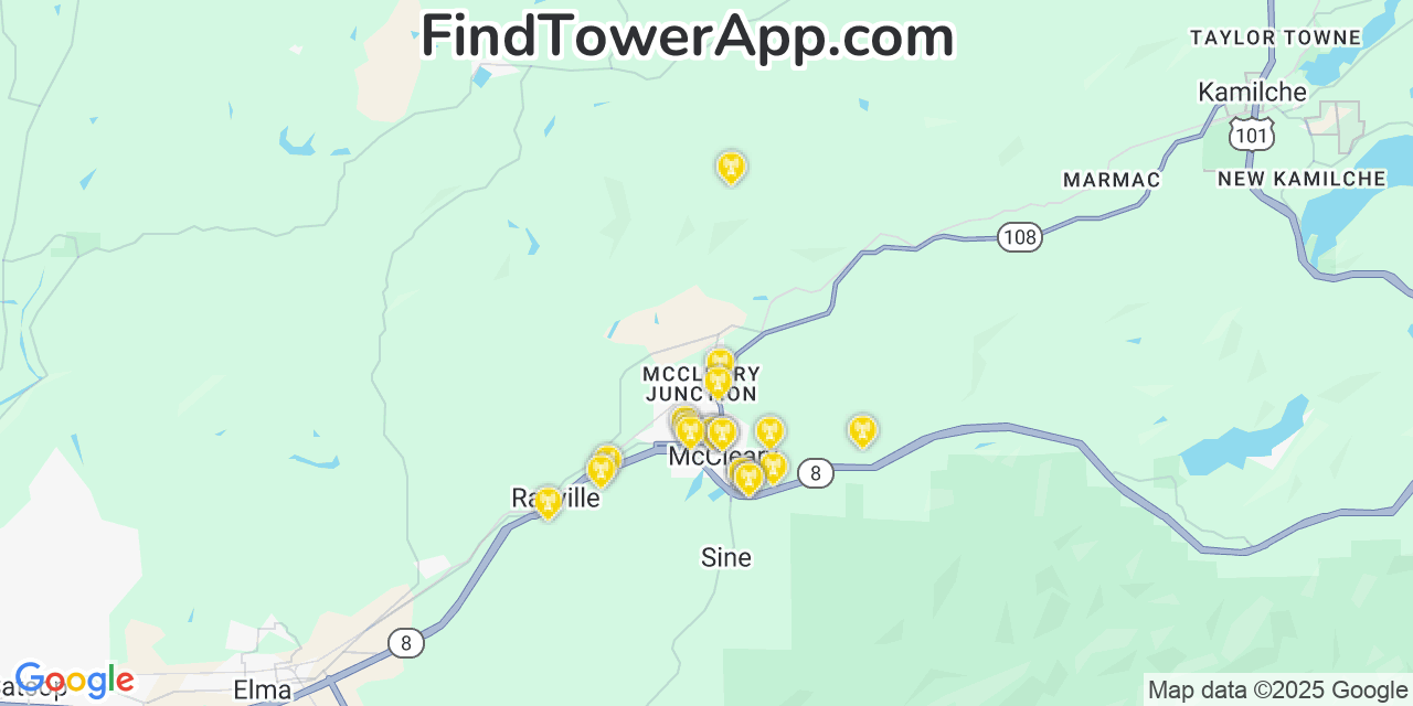 Map showing the 20 primary Verizon cell tower locations detected in Mccleary, Washington with coverage radius and signal strength indicators