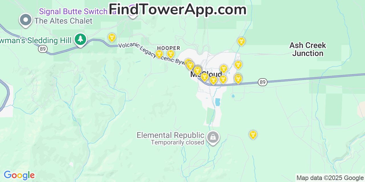 Map showing the 21 primary AT&T cell tower locations detected in Mccloud, California with coverage radius and signal strength indicators