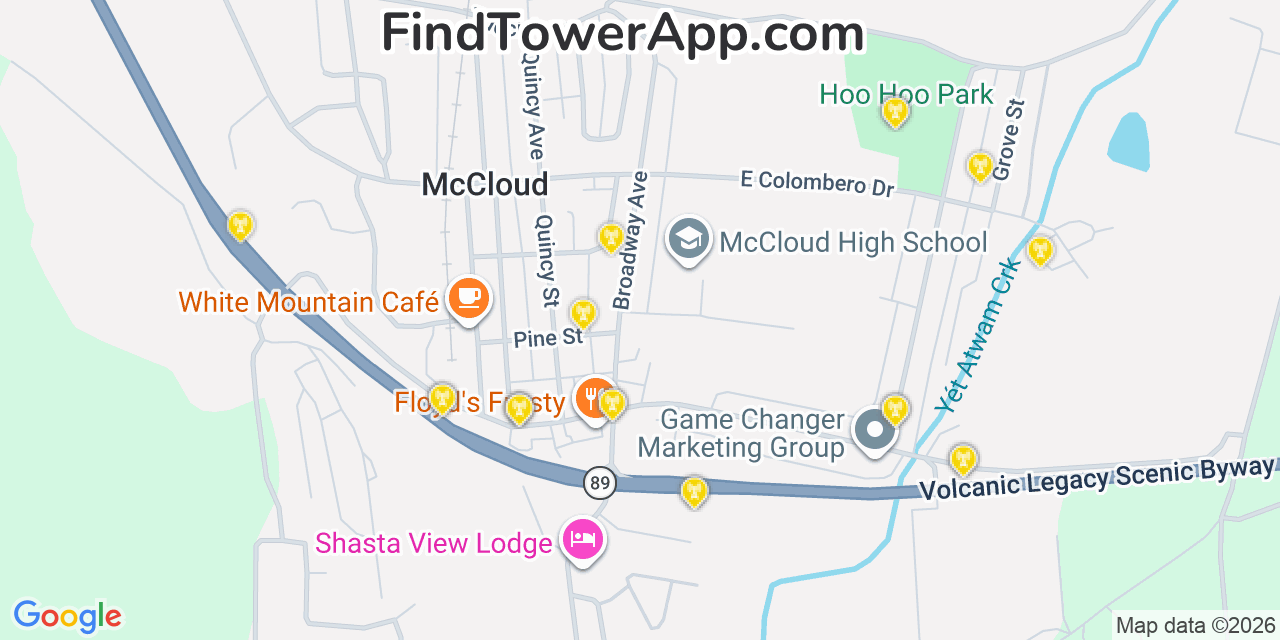 Map showing the 20 primary cell tower locations detected in Mccloud, California from AT&T, Verizon, and T-Mobile networks