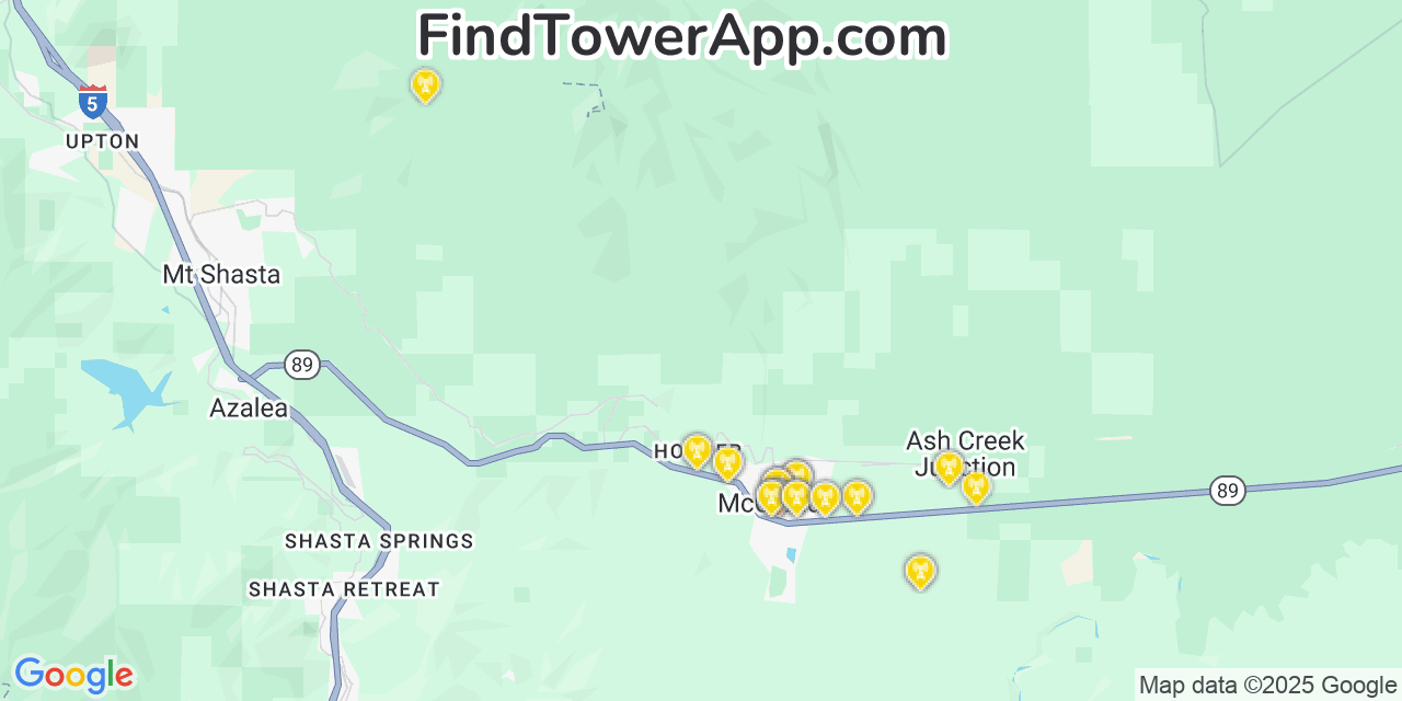 Map showing the 28 primary T-Mobile cell tower locations detected in Mccloud, California with coverage radius and signal strength indicators