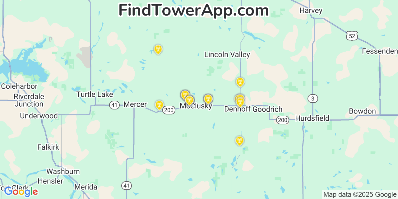 Map showing the 20 primary AT&T cell tower locations detected in Mcclusky, North Dakota with coverage radius and signal strength indicators