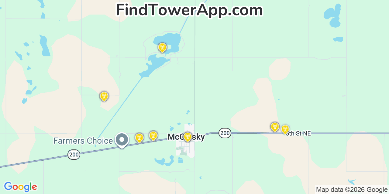 Map showing the 20 primary cell tower locations detected in Mcclusky, North Dakota from AT&T, Verizon, and T-Mobile networks