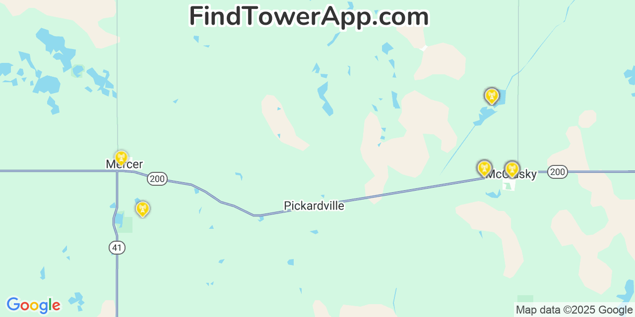 Map showing the 22 primary T-Mobile cell tower locations detected in Mcclusky, North Dakota with coverage radius and signal strength indicators