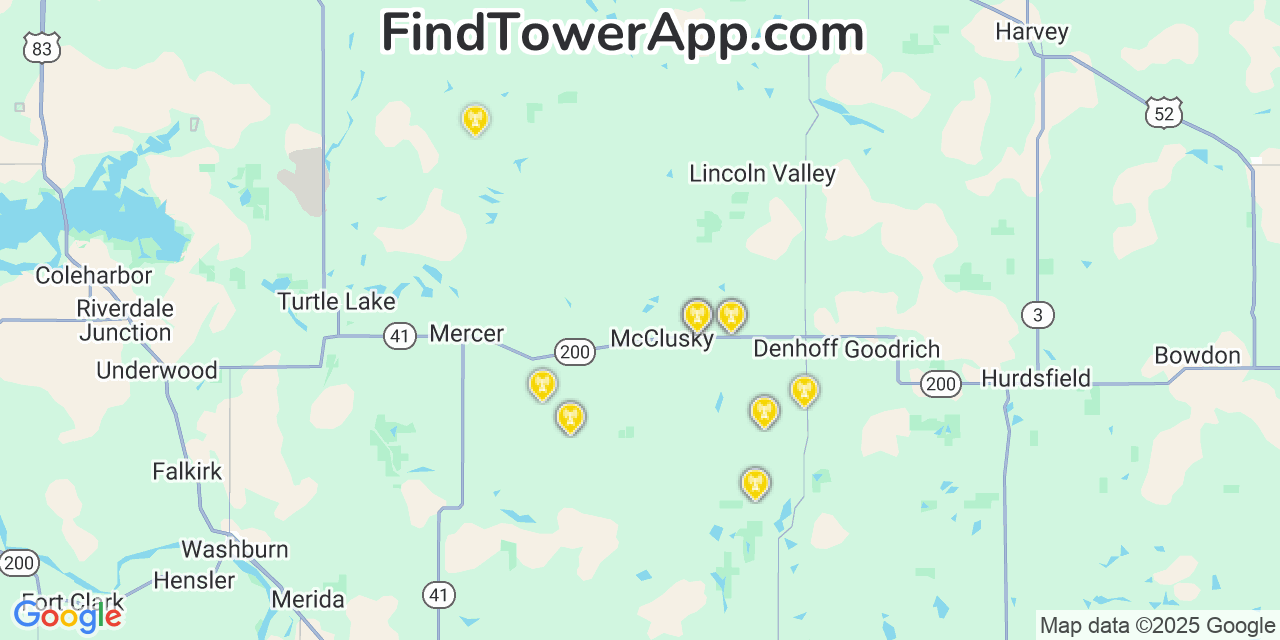 Map showing the 23 primary Verizon cell tower locations detected in Mcclusky, North Dakota with coverage radius and signal strength indicators