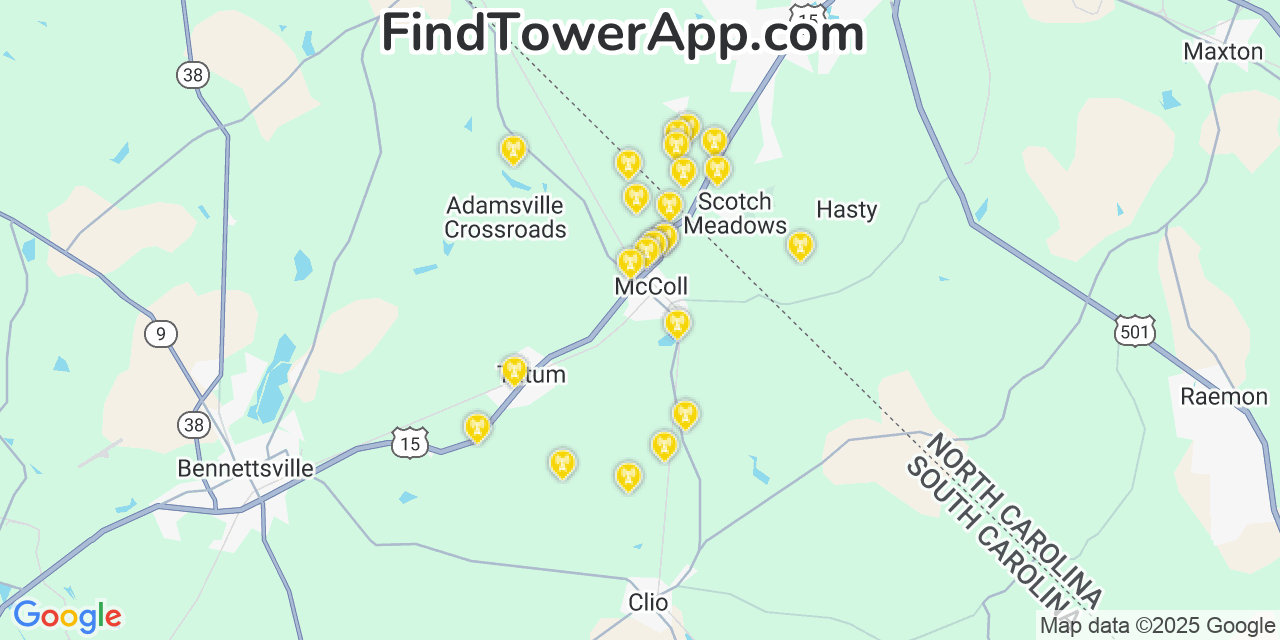 Map showing the 24 primary AT&T cell tower locations detected in Mccoll, South Carolina with coverage radius and signal strength indicators