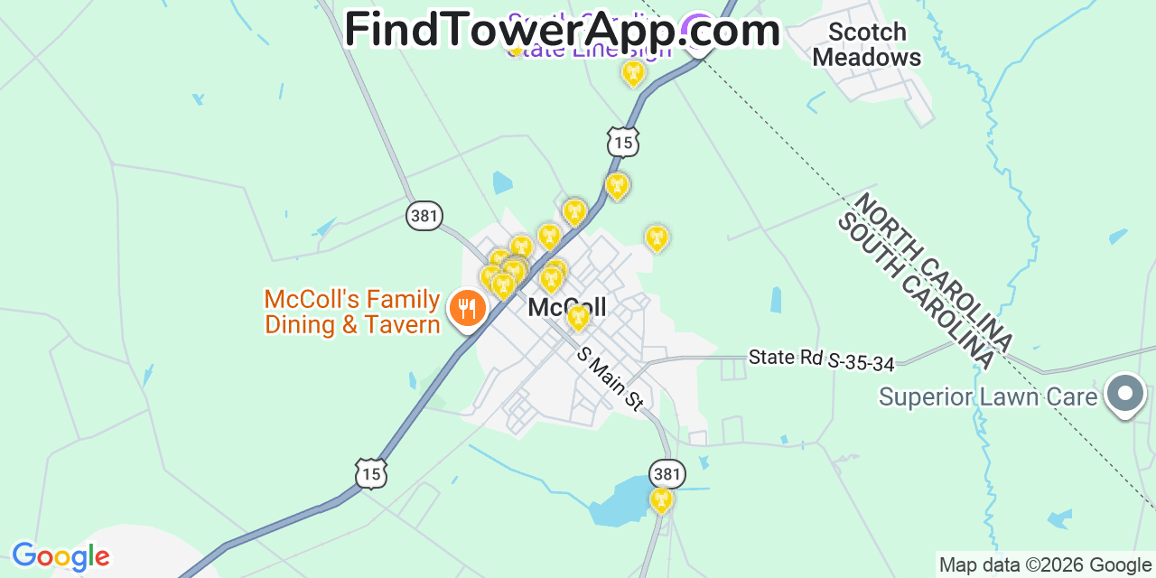 Map showing the 20 primary cell tower locations detected in Mccoll, South Carolina from AT&T, Verizon, and T-Mobile networks