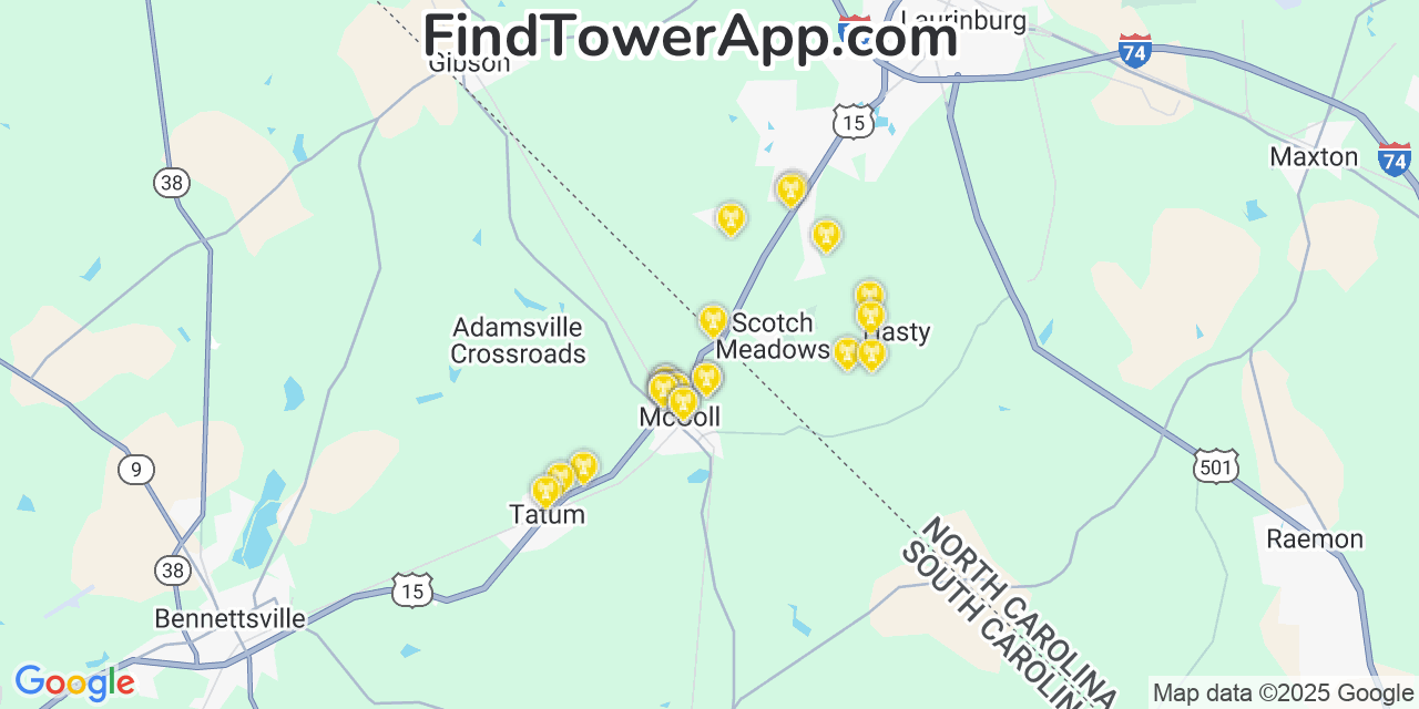 Map showing the 24 primary T-Mobile cell tower locations detected in Mccoll, South Carolina with coverage radius and signal strength indicators