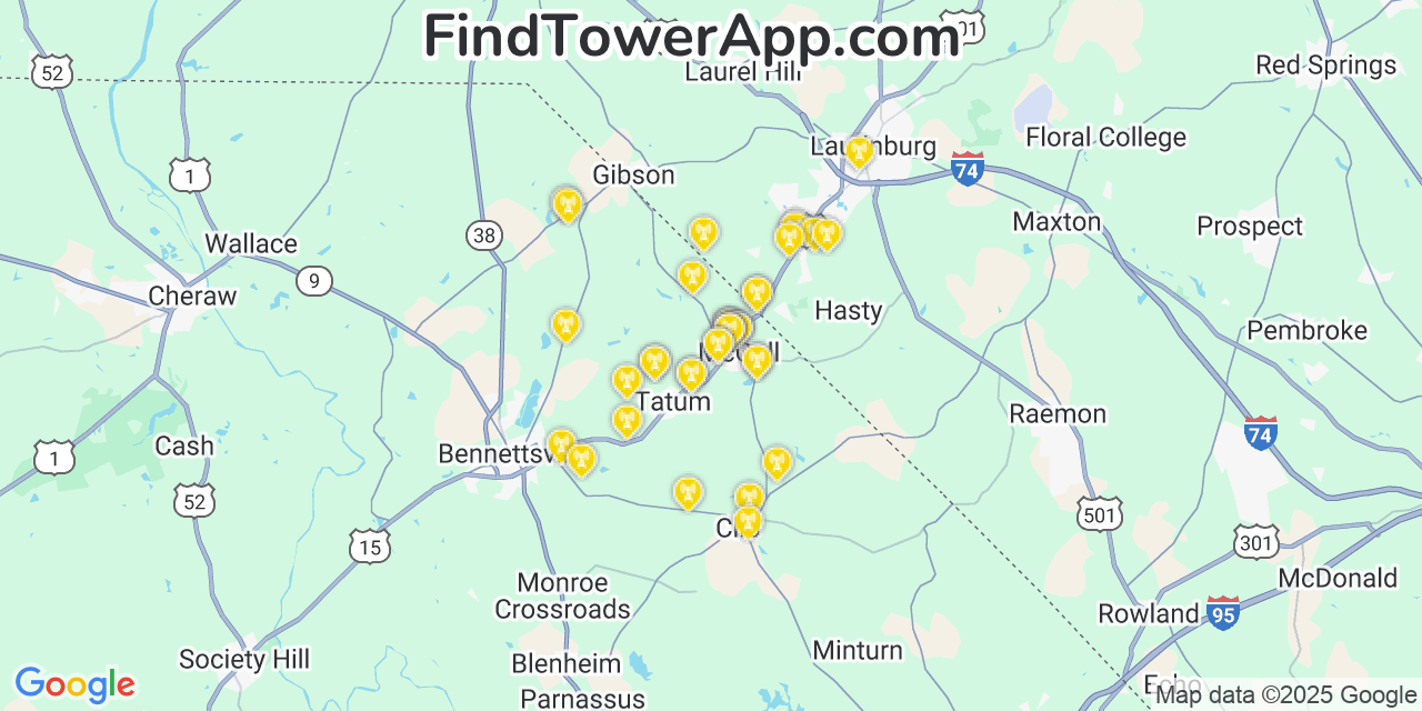 Map showing the 38 primary Verizon cell tower locations detected in Mccoll, South Carolina with coverage radius and signal strength indicators