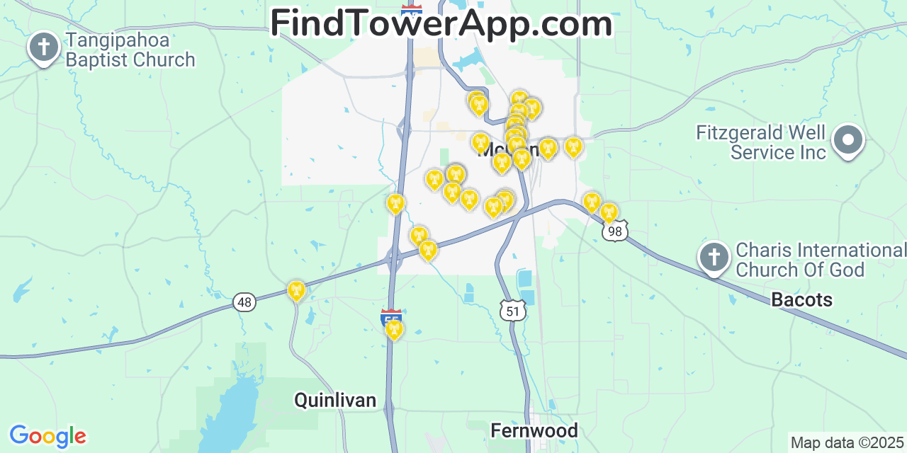 Map showing the 36 primary AT&T cell tower locations detected in Mccomb, Mississippi with coverage radius and signal strength indicators
