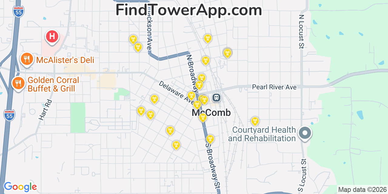 Map showing the 20 primary cell tower locations detected in Mccomb, Mississippi from AT&T, Verizon, and T-Mobile networks