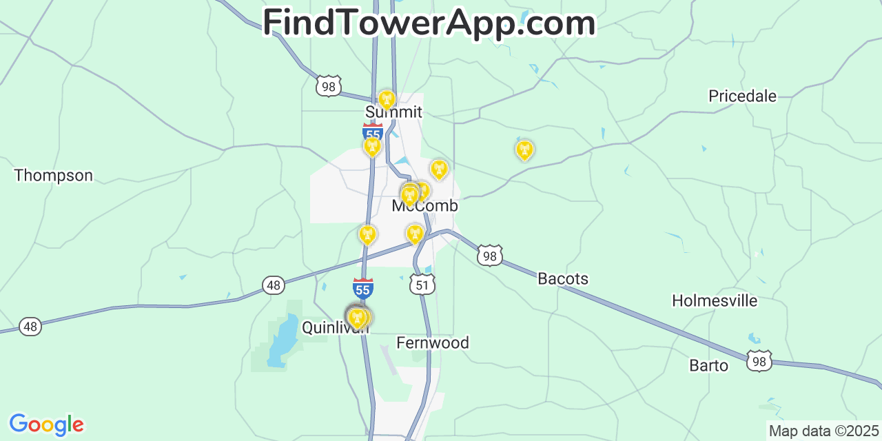 Map showing the 24 primary T-Mobile cell tower locations detected in Mccomb, Mississippi with coverage radius and signal strength indicators