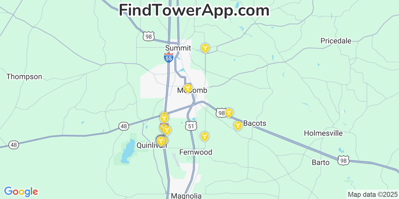 Map showing the 21 primary Verizon cell tower locations detected in Mccomb, Mississippi with coverage radius and signal strength indicators