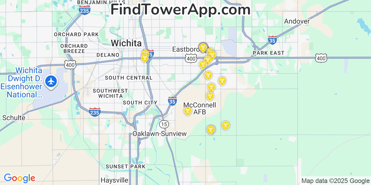 Map showing the 21 primary AT&T cell tower locations detected in Mcconnell Afb, Kansas with coverage radius and signal strength indicators