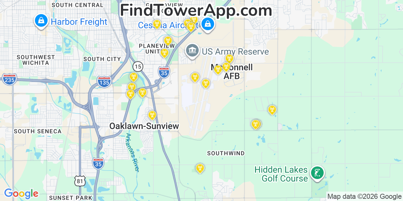 Map showing the 20 primary cell tower locations detected in Mcconnell Afb, Kansas from AT&T, Verizon, and T-Mobile networks