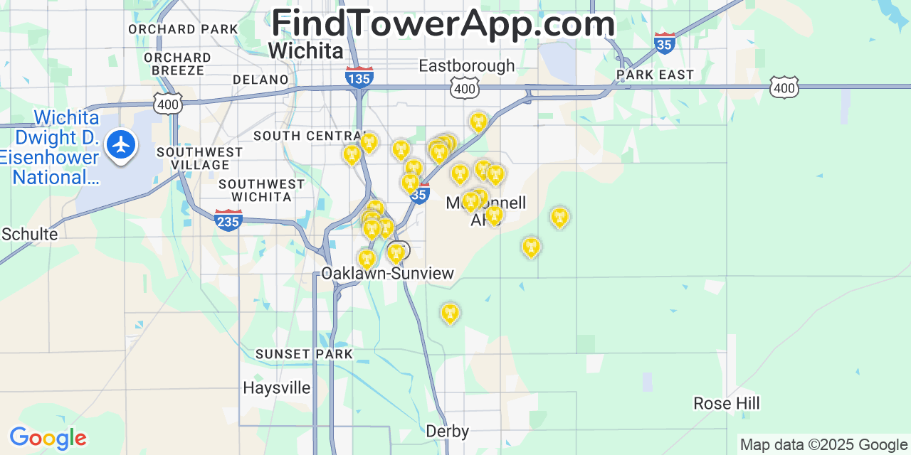 Map showing the 22 primary T-Mobile cell tower locations detected in Mcconnell Afb, Kansas with coverage radius and signal strength indicators