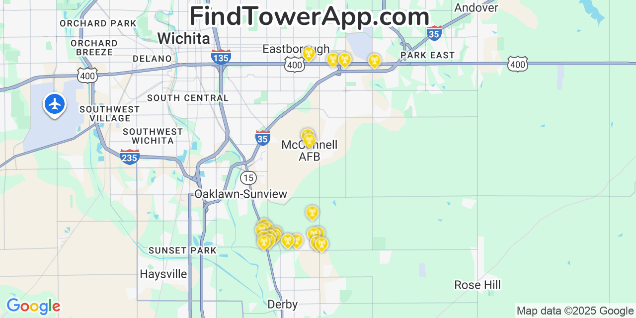 Map showing the 21 primary Verizon cell tower locations detected in Mcconnell Afb, Kansas with coverage radius and signal strength indicators